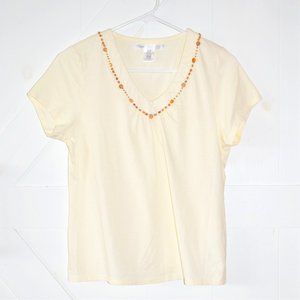 Kiara wood bead boho tropical island v neck short sleeve shirt top cream size M